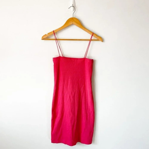 Zara Ribbed Tight Bodycon Spaghetti Strap Mini Dress Hot Barbie  Pink Sz M - Picture 3 of 7